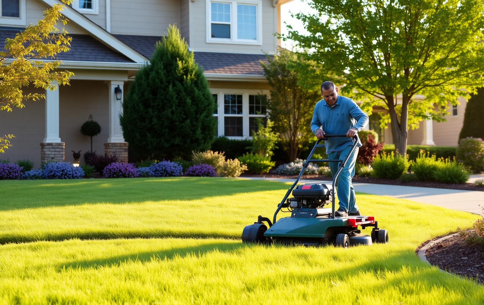 Roger's Landscaping crew mowing a lush green front lawn