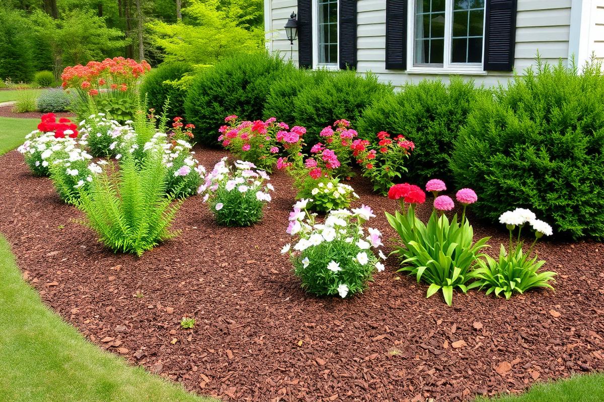 Landscaped garden bed with fresh mulch, shrubs, and flowers