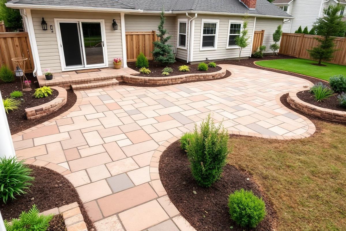 New stone paver patio and walkway with fresh plantings