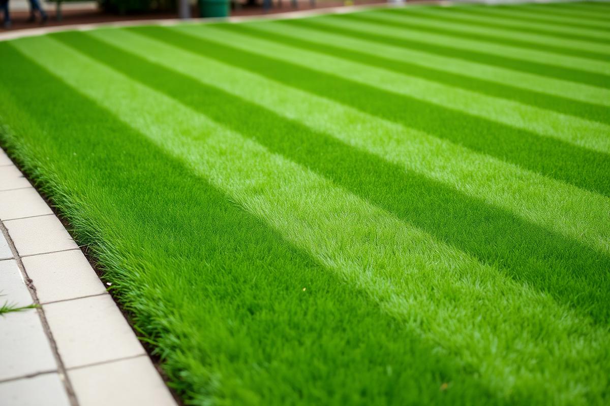 Freshly mowed striped green lawn with clean edging