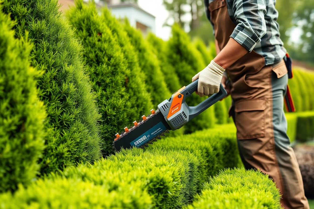 Landscaper shaping a hedge with power trimmers